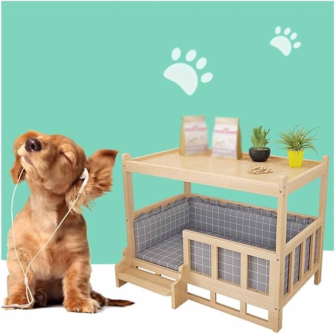 XPLKQXE Dog Bed Wood Platform, Elevated Pet Cushion Bed, Animal Couch with Mattress, Dog Beds & Furniture Rest Cot, Portable Fence Bed Pet Up to 45kg/100lbs(Color:Pink,Size:45x30x60cm)