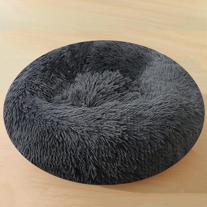 Calming Large Dog Bed Cat Bed, 47 Inch Donut Fluffy Anti-Anxiety Round Bed Washable Cute Bed, Cuddler Warming Cozy Soft Bed, Plush Cushion Bed for Small Medium Dogs and Cats (Dark Grey)