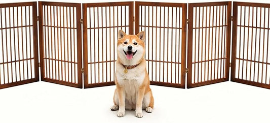 Urnporium Pet Dog Gate Freestanding, Strong Durable Folding Wooden Fence, Portable Acacia Hardwood Safety Barrier for Indoor & Outdoor Use (Brown Pet Gate, 6 Panel 30" Tall)