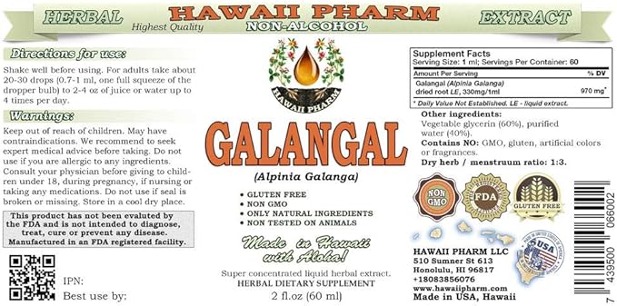 Galangal Root Alcohol-Free Liquid Extract, Organic Organic Galangal (Alpinia Galangal) Dried Root Glycerite Hawaii Pharm Natural Herbal Supplement 2x2 oz