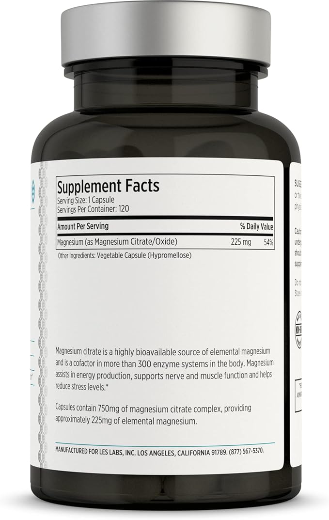 LES Labs Magnesium Citrate – Stress Relief, Restful Sleep, Heart Health, Metabolism, Nerve & Muscle Function – Non-GMO Supplement – 120 Capsules