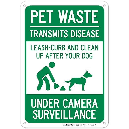 Pet Waste Leash-Curb and Clean Up After Your Dog Under Camera Surveillance Sign, 10x7 Inches, Rust Free .040 Aluminum, Fade Resistant, Made in USA
