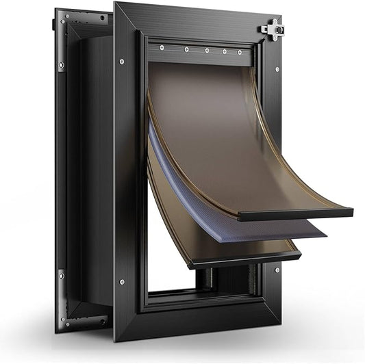 3-Flap Dog Door, All Aluminum Alloy Large Doggy Door Doggie door for Wall, Heavy Duty Pet Door Easy to Install, Energy Efficient, Telescoping Tunnel for Interior & Exterior Wall, Pet Up to 110Lb-Black