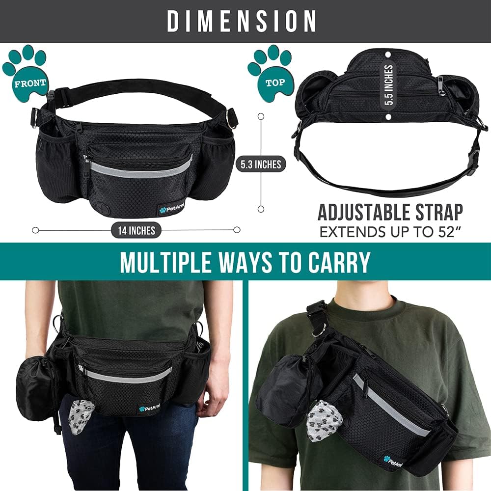 PetAmi Dog Fanny Pack, Treat Pouch for Dog Walking, Training, Built in Poop Bag Dispenser, Water Bottle Holder, Collapsible Bowl, Pet Treat Waist Belt for Hiking, Running, Kibbles (Black)