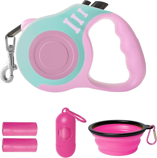 Retractable Dog Leash Automatic Telescopic Tractor Dog Tape, Pet Tape 10/16 FT Durable and Convenient, with Folding Bowl, Dispenser, Rubbish Bags, Suitable for Small and Medium Dogs