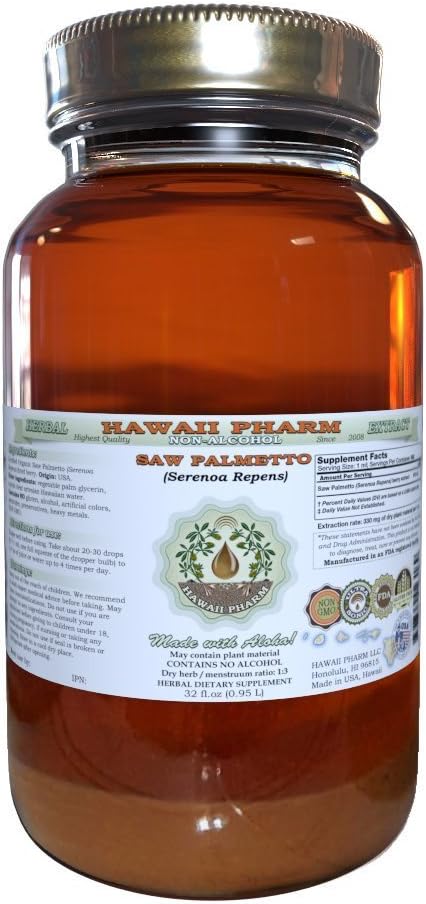 Saw Palmetto Alcohol-Free Liquid Extract, Organic Saw Palmetto (Serenoa Repens) Dried Berry Glycerite Natural Herbal Supplement, Hawaii Pharm, USA 32 fl.oz