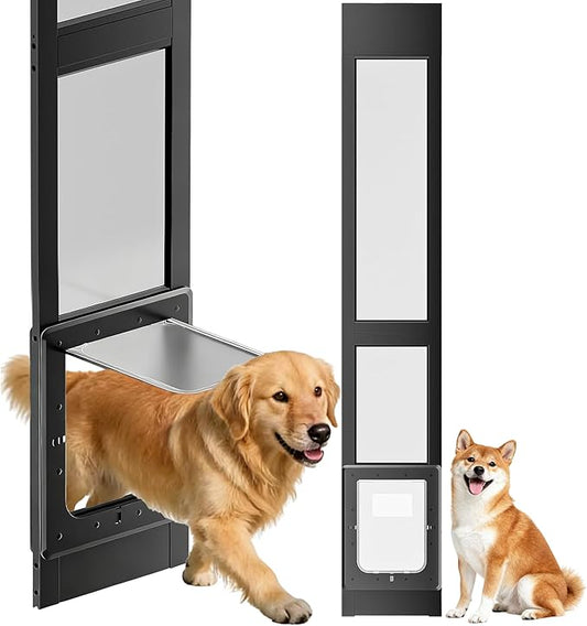 Dog Door for Sliding Glass Door with Magnetic Plastic Flat, Sliding Door Pet Doggie Door Insert with Lock, Adjustable Height No-Cut Required Doggy Door Access Renters, Apartments, Patio (Black, L)
