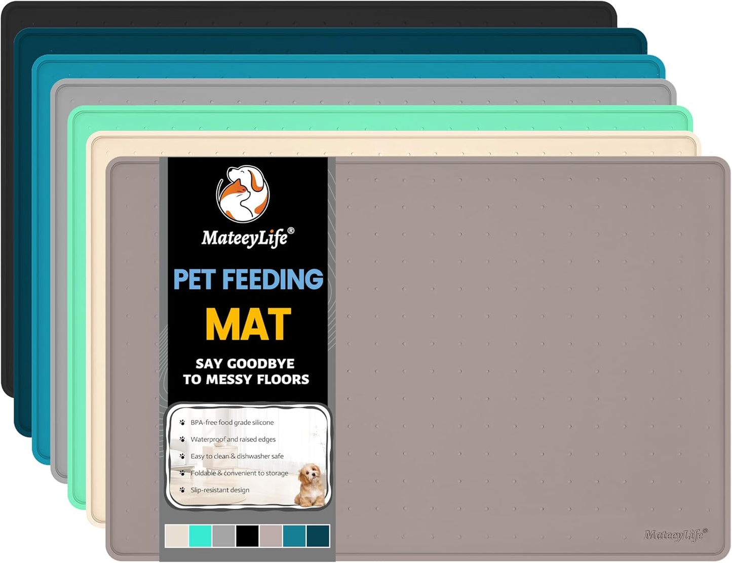 MateeyLife Dog & Cat Food Mat, Waterproof & Nonslip Silicone Feeding Mats for Dogs and Cats, Raised Edge Tray for Messy Drinkers, 22"x14", Taupe
