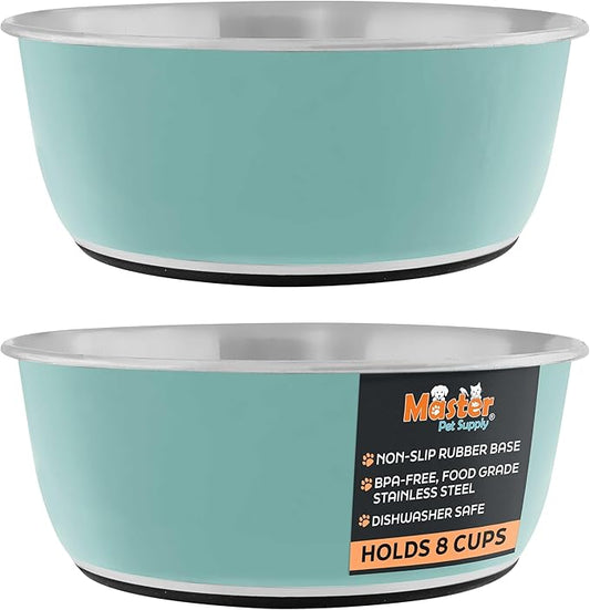 Master Pet Supply Stainless Steel Dog Bowls Set of 2 (64 Oz Each) with Non-Slip Rubber Base - Aqua Sky - Basic Dog Food Bowl Water & Food Bowls for Small Medium Large Dogs & Cats, Metal Dish