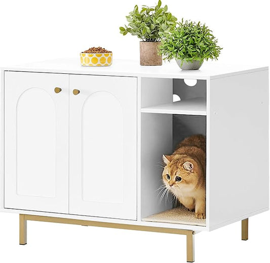 Cat Litter Box Enclosure Enclosed, Hidden Litter Box Cabinet Furniture with Storage, Wooden Indoor Cat House Large, Modern End Table for Living Room Entryway, White and Gold 01503GCLB