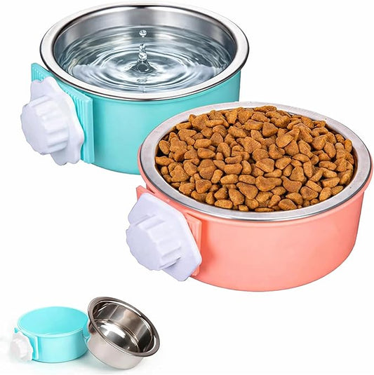 HERCOCCI 2 Pack Dog Crate Bowls, Hanging Removable Stainless Steel Food and Water Bowls for Puppies, Small Dogs, Cats, Rabbits & Ferrets (Blue, Red)