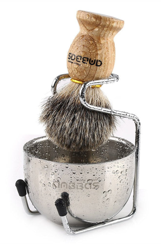 Shaving Set, 3In1 Pure Badger Hair Shaving Brush Natural Solid Wood Handle And Stainless Steel Shaving Stand With Shaving Bowl D