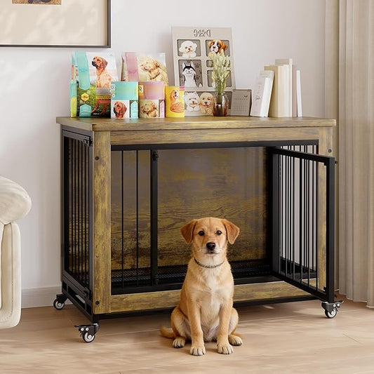 38 Inch Rustic Dog Crate Furniture with 3 Doors and Locking Wheels, Wooden Heavy-Duty Indoor Kennel with Removable Tray for Small and Medium Dogs, Easy-Clean Side Table or Nightstand Style Design