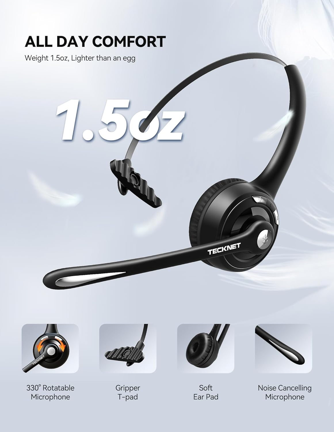 TECKNET Bluetooth Headphones Over Ear, 65 Hours Playtime and 3 EQ Modes Wireless Headphones with Microphone, Memory Foam Ear Cups, Hi-Res Audio, Deep Bassfor Home Travel Office Laptop PC Cellphone