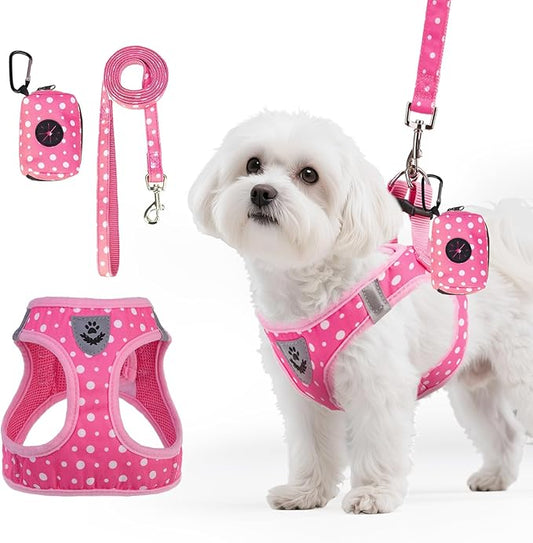 PAWCHIE Dog Harness and Leash Set, Step in No Pull Soft Pet Harness, Reflective Adjustable Puppy Vest for Small Medium Dogs Cats, No Choke Harness Vest with Poop Bag Holder for Walking,Running, Pink M