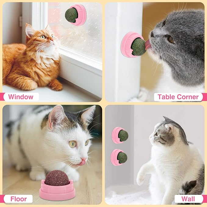 3 Pack Catnip Balls, Catnip Ball for Cats Wall, Edible Kitty Toys for Cats Lick, Safe Healthy Kitten Chew Toys, Teeth Cleaning Dental Cat Toys, Cat Wall Treats (Pink)