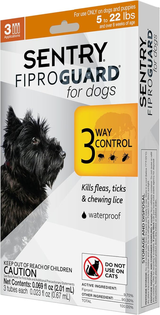 Sentry Fiproguard for Dogs, Flea and Tick Prevention for Dogs (5-22 Pounds), Includes 3 Month Supply of Topical Flea Treatments
