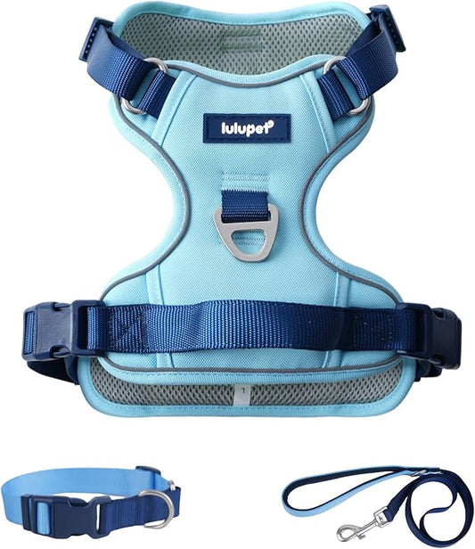 3 in 1 No Pull Dog Harness Leash and Collar Set, Soft Adjustable Dogs Vest Reflective and Comfortable Handle Blue Large