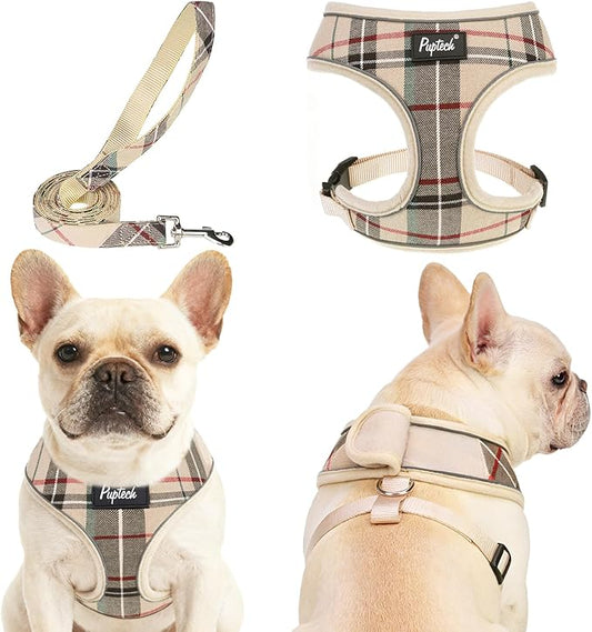 PUPTECK Soft Mesh Dog Harness Small Sized and Leash Set Pet Puppy Cat Comfort Padded Vest No Pull Harnesses, Beige Plaid, Openable Neck, New S
