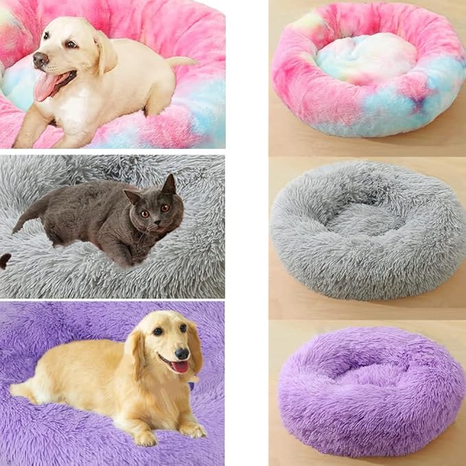 Calming Large Dog Bed & Cat Bed, 43 Inch Anti-Anxiety Donut Dog Cuddler Cat Bed, Warming Cozy Soft Dog Round Bed, Fluffy Faux Fur Machine Washable Pet Cushion for Medium Dogs & Cats (Red)