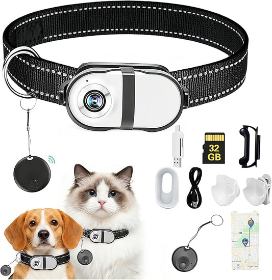 Pet Camera Collar with Air Tracker Tag, 1080P HD Wireless Dog Neck Cam Compact Action Camera for iOS,32GB Storage, Fully Charged Before Use, No WiFi Needed（GPS Just for iOS）