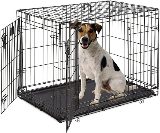 Large Dog Crate 42 Inches Double Door Pet Crate Folding Metal Wire Dog Cage with Divider Panel Leak-Proof Plastic Pan Indoor Outdoor Pet Crates for Medium and Large Breed Pet Animals Black