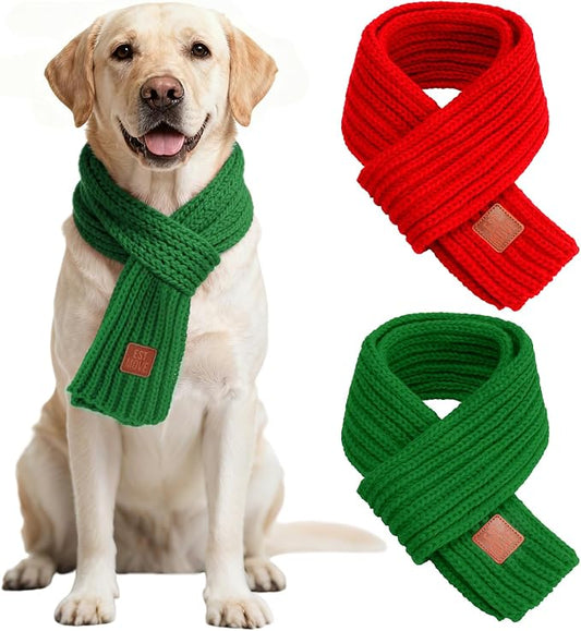 BWOGUE 2-Piece Winter Dog Knitted Scarf & Dog Neck Warm Bandanas with Red and Green Patterns for Medium/Large Dogs - Winter Warm Holiday Scarf Pet Accessories (Red, Green)