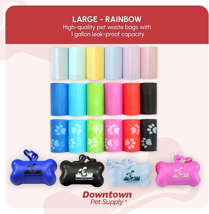 Downtown Pet Supply Unscented Poop Bags for Dogs with Dispenser, 500 Count - Leak-Proof Dog Waste Bags and Bone-Shaped Dog Poop Bags Holder for Leash - Pastel Rainbow, 12.5" x 8.5"
