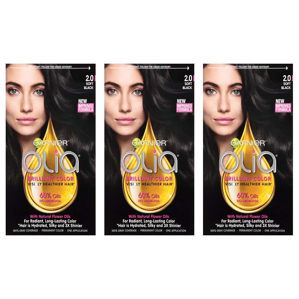 Garnier Olia Ammonia-Free Brilliant Color Oil-Rich Permanent Hair Color, 2.0 Soft Black (Pack Of 3) Black Hair Dye (Packaging Ma