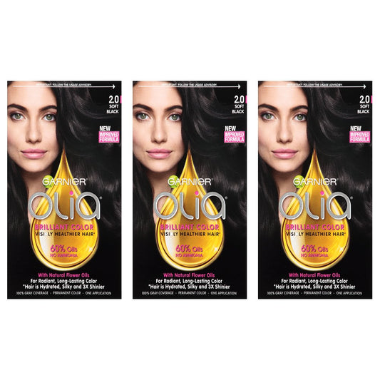 Garnier Olia Ammonia-Free Brilliant Color Oil-Rich Permanent Hair Color, 2.0 Soft Black (Pack Of 3) Black Hair Dye (Packaging Ma