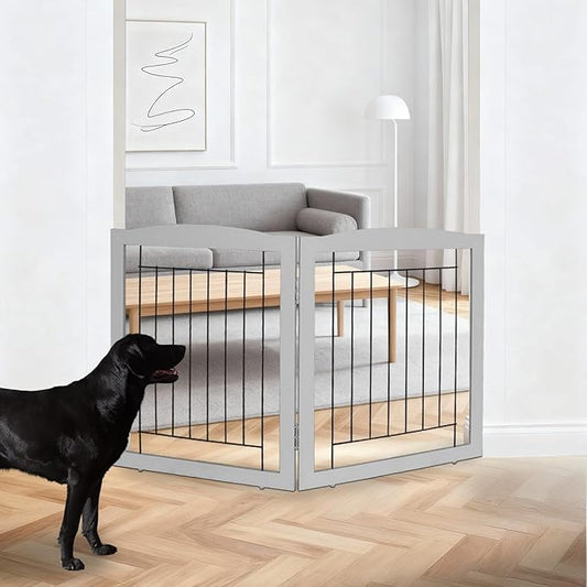 ZJSF Freestanding Foldable Dog Gate for House Extra Wide Wooden Indoor Puppy Gate Stairs Doorways Pet Gate Tall Dog Fence 2 Panels Fence Grey