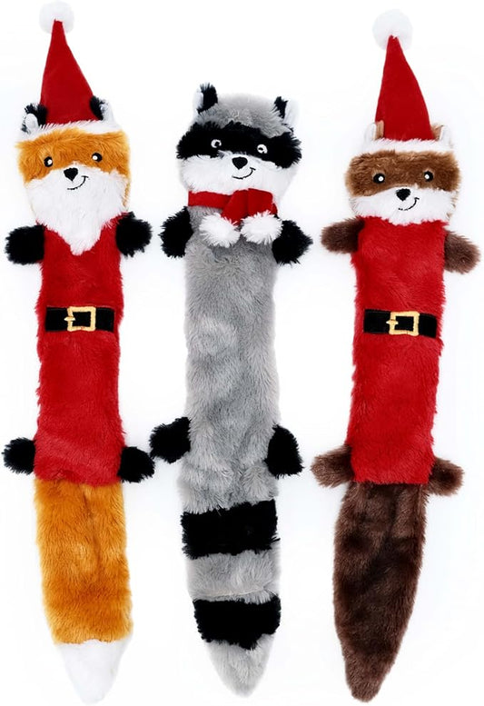 ZippyPaws Skinny Peltz - No Stuffing Dog Toys to Keep Them Busy, for Medium and Large Dogs, Squeaky Unstuffed Chew Toys for Pets, Soft Plush Variety Pack, Fox, Raccoon, & Squirrel - Holiday 3-Pack