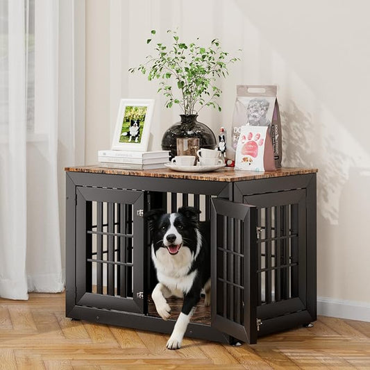 38" Heavy Duty Dog Crate Furniture for Small,Medium and Large Dogs,Rustic Wooden Dog Cage Kennel Indoor Furniture with Waterproof Top,Decorative Pet House Side End Table (Black & Wood)