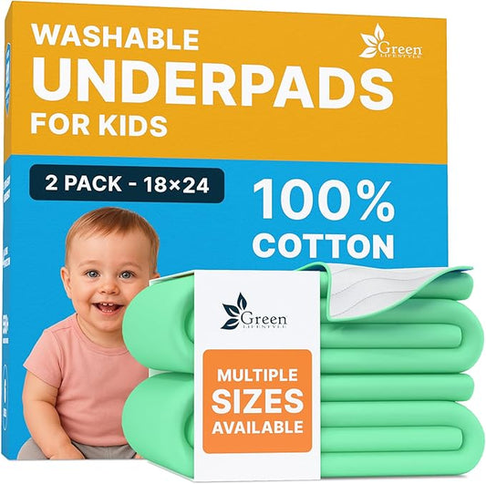 GREEN LIFESTYLE Washable Absorbent Pads – Waterproof Reusable Underpads for Kids, Seniors, and Adults – Ideal for Bed Protection, Incontinence (Pack of 2 - 18x24)