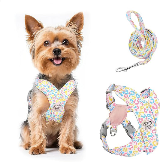 Pawaboo Small Dog Harness and Leash Set, Puppy Harness X-Frame No Pull No Choke, Dog Vest Harnesses Adjustable for Small Medium Sized Dogs,Soft Breathable Pet Harnesses, XS, Colorful Leopard