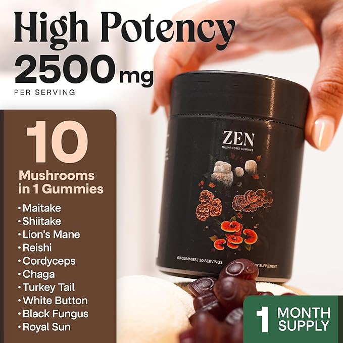 NAO Made in USA 10-in-1 Mushroom Gummies Nootropic – Premium Blend with Reishi, Lion’s Mane, Chaga, Cordyceps, Shiitake, Maitake & Turkey Tail for Brain, Immune & Energy Support –Non-GMO, Vegan
