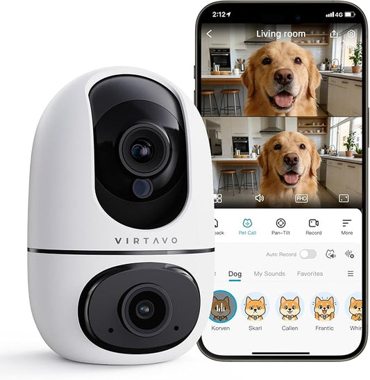VIRTAVO Pet Camera Indoor for Dogs & Cats, 360° PTZ Pet Monitor with Motion Tracking, Dual‑Lens, 2‑Way Audio, Night Vision, No Subscription, Wi‑Fi 6 (2.4GHz/5GHz), SD & Cloud Storage