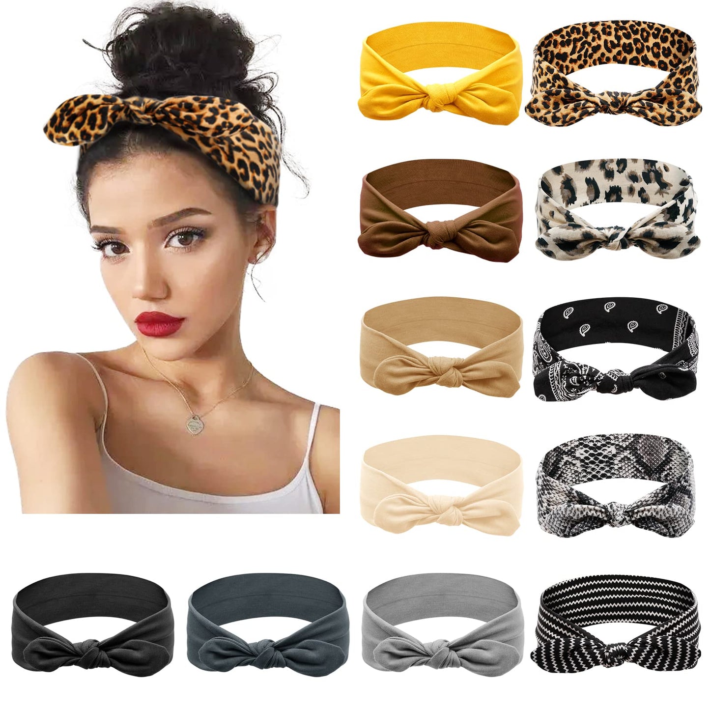 Huachi 12 Pack Bow Headbands For Women Elastic Headwraps Hair Band Knotted Headband Rabbit Ears Turban Fashion Sport Cute Hair A