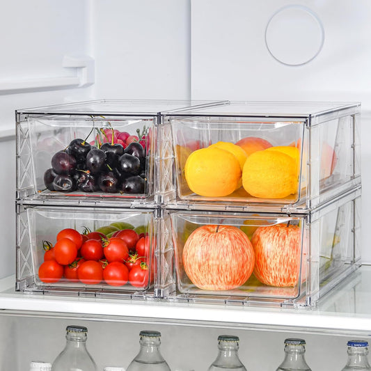 4Pack Clear Stackable Kitchen Storage Organizer,Pantry Organizers and Storage,Foods Organizer Bins with Handles, Easily Assemble for Bathroom, Kitchen, Refrigerator, Pantry, Cabinet, Closet