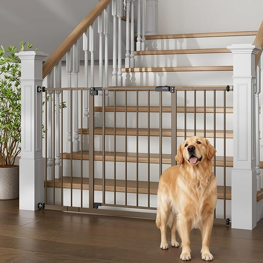 InnoTruth 29.5–49.75" Extra Wide Baby Gate for Stairs, 30" Tall Walk Through Dog Gate for Stairs & Doorways, Pressure-Mounted Safety Gate for Pets & Kids, Dual Lock & 2-Way Swing, Brown