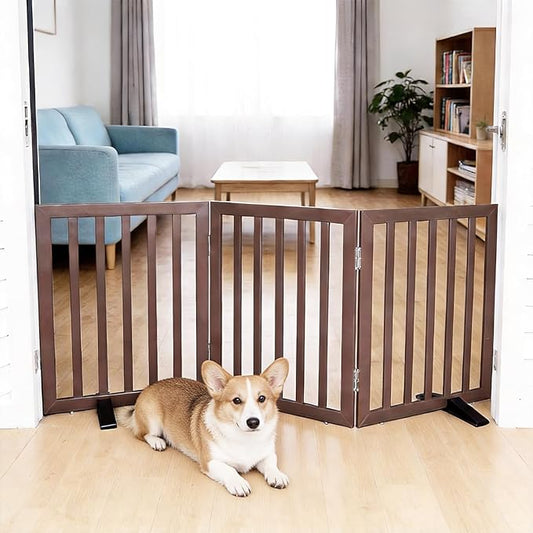 Dog Gate Indoor, Freestanding Dog Fence for The House, Doorways, Hallways,or Stairs,Pet Gate Foldable Wooden,Expandable 24" Height 3 Panels,Brown