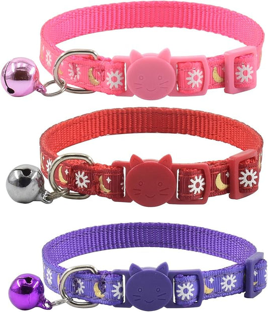 3 PCS Breakaway Cat Collar with Bell, Moon Cat Collar Adjustable Cute Kitten Collars Soft for Cat Puppy 7-10.2in (Red Pink Purple)