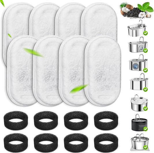 Cat Water Fountain Filters, 8 Pack Replacement Filters & Pre-Filter Sponges for 3.2L/108Oz & 2L/67oz Stainless Steel Pet Fountain, Carbon Filters for Automatic Cat Water Dispenser Water