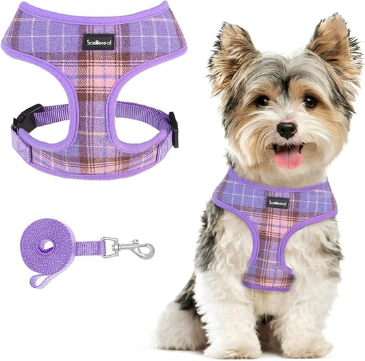 SCENEREAL No Pull Dog Harness with Leash Set for Small Dogs - Breathable Soft Mesh Vest, Plaid Design for Daily Walking Training, Fits Chihuahua Bulldog, Purple Size XS