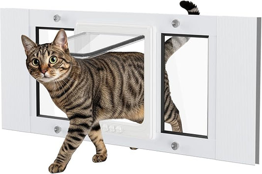 Cat Door for Window Weatherproof: Aluminum Frame Flap Pet Door Quick Fit Window Insert - Easy Adjustable to Fit Windows Width 27"-32" - 4 Secure Lock Modes with Magnetic Closure for Dog Cats