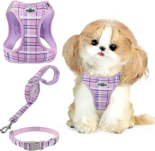 Gyuzh Dog Harness and Leash Set, 3-in-1 Step in No Pull Harness Vest Collar for Small Dogs & Cats, Lightweight Breathable Mesh Reflective Plaid with Padded Handle (Purple, L)