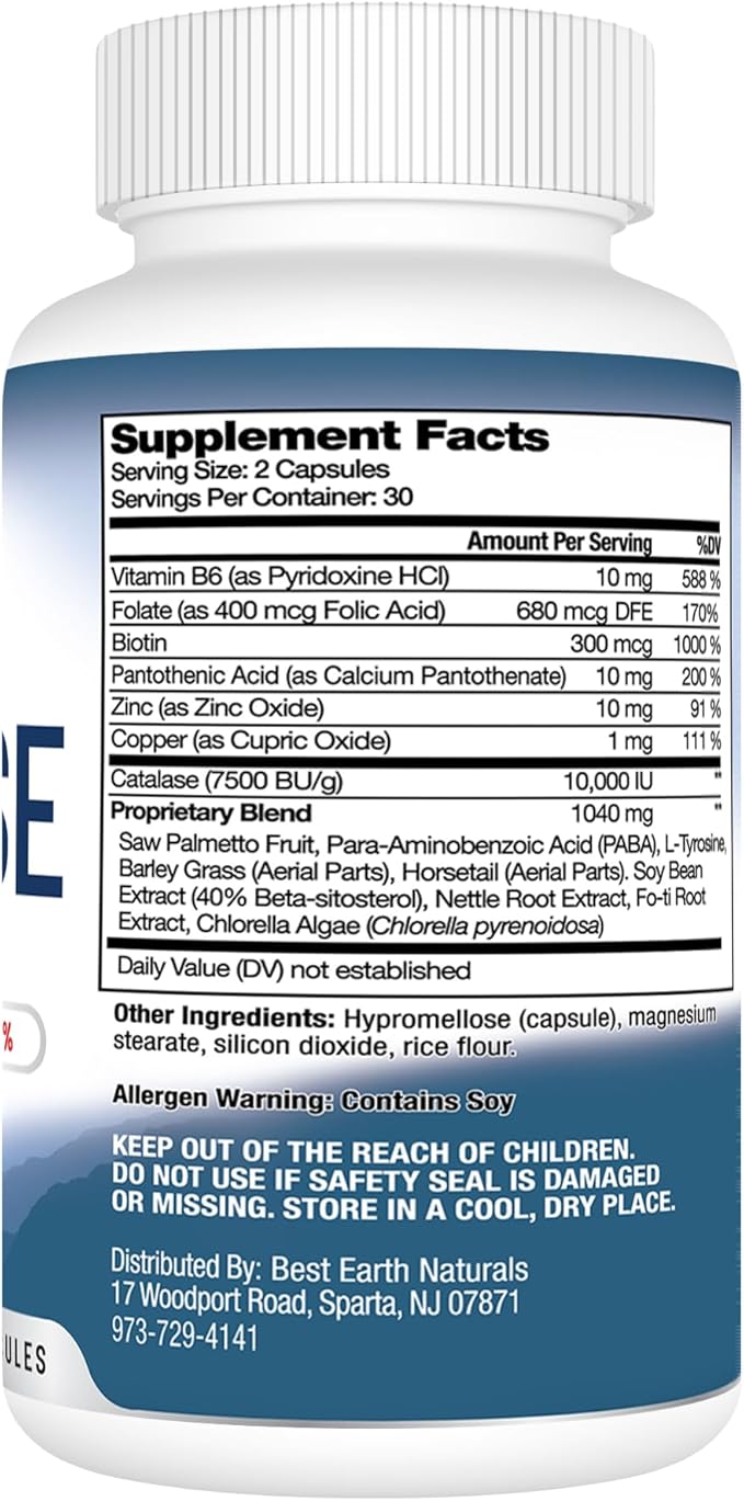 Best Earth Naturals Catalase Supplement 10,000 with Saw Palmetto, Biotin, Fo-Ti, PABA - Hair Supplements for Strong Hair - 60 Capsules