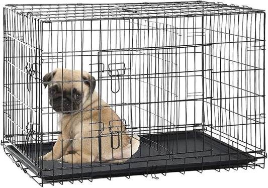 Dog Crate for Large Medium Small Dogs, Folding Dog Kennel Cage with Plastic Tray & Divider 48"/42"/ 36"/ 30"/ 24" Indoor Outdoor Metal Double Door Heavy Duty Dog Pen Enclosure, Black(24 Inch)