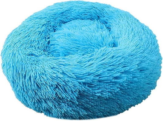 Calming Faux Fur Dog Beds Calming Donut Cuddler Dog Bed Washable Round Cat Bed Pillow Cuddler Fluffy Indoor Dog Calming Beds with Anti Slip Bottom Solid Color Blue 27 Inch