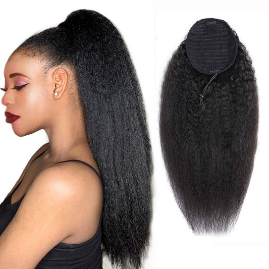 Ponytail Extension Kinky Straight 100% Human Hair Ponytail Yaki Kinky Straight Ponytail Extension Natural Color 1B Virgin Human